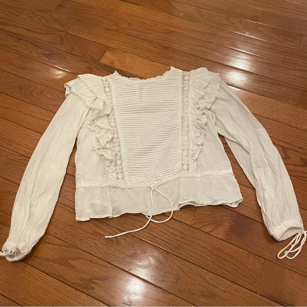 Mango White Victorian Peasant Ruffle Cotton Lace Blouse
